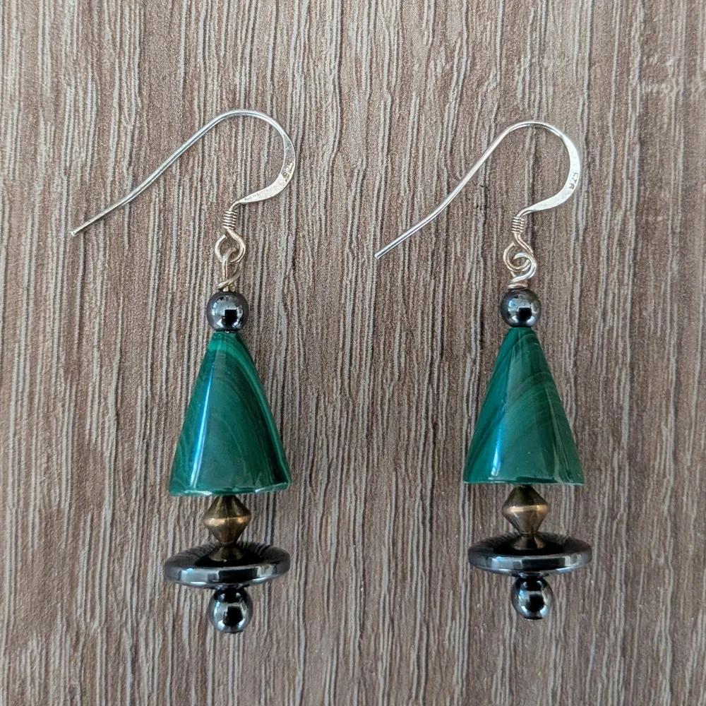 Sterling Silver 925 Vintage Boho Malachite Dangle Earrings - Picture 1 of 6